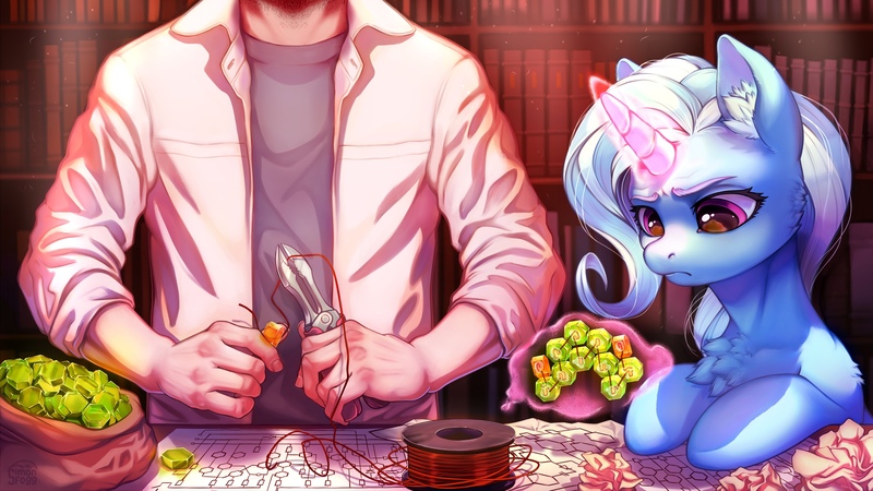 Size: 2560x1440 | Tagged: safe, artist:simon_fogg, derpibooru import, trixie, human, pony, unicorn, fanfic:первопроходец, blueprint, book, bookshelf, chest fluff, circuit, circuit board, clothes, copper, crystal, duo, ear fluff, electronics, engineering, faceless human, faceless male, fanfic art, female, image, jpeg, levitation, looking at something, magic, magic aura, male, mare, missing accessory, offscreen character, science, scissors, soldering, table, technology, telekinesis, wires