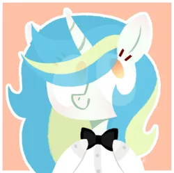 Size: 2451x2446 | Tagged: safe, artist:petruse4ka, derpibooru import, oc, unofficial characters only, pony, unicorn, bowtie, bust, colored hooves, eye clipping through hair, eyelashes, horn, image, orange background, png, simple background, smiling, solo, unicorn oc