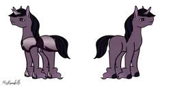 Size: 1750x882 | Tagged: safe, artist:misskanabelle, derpibooru import, oc, unofficial characters only, pony, unicorn, cloak, clothes, duo, hoof fluff, horn, image, male, offspring, parent:king sombra, parent:twilight sparkle, parents:twibra, png, signature, simple background, stallion, transparent background, unicorn oc