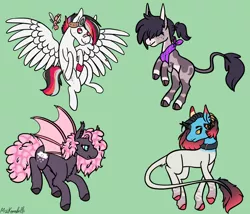 Size: 1750x1500 | Tagged: safe, artist:misskanabelle, derpibooru import, oc, unofficial characters only, bat pony, earth pony, pegasus, pony, bat pony oc, bat wings, collar, colored hooves, earth pony oc, green background, hair over eyes, image, leonine tail, neckerchief, pegasus oc, png, rearing, signature, simple background, spread wings, wings