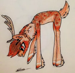 Size: 1464x1417 | Tagged: safe, artist:beamybutt, derpibooru import, oc, unofficial characters only, deer, deer pony, original species, pony, antlers, chest fluff, ear fluff, hoof fluff, image, jpeg, looking down, signature, solo, traditional art