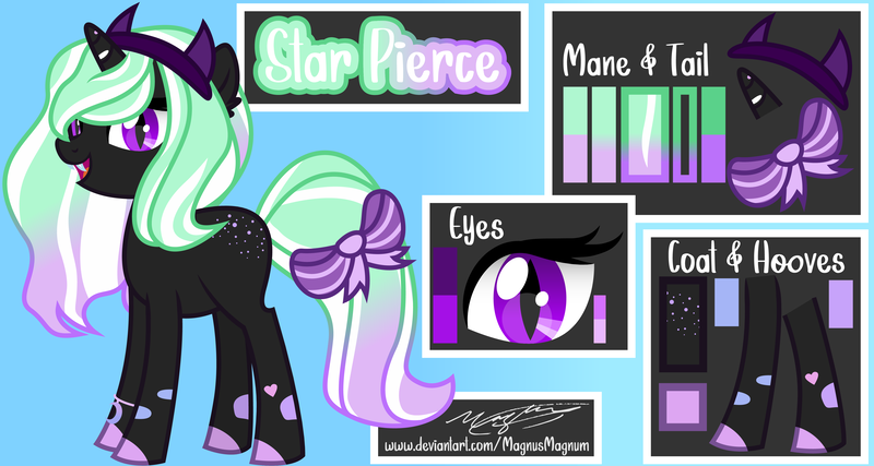 Size: 4688x2500 | Tagged: safe, artist:magnusmagnum, derpibooru import, oc, oc:star pierce, demon, demon pony, original species, pony, unicorn, accessories, blank flank, bow, bracelet, butt freckles, colored, fangs, female, filly, flat colors, freckles, gradient mane, gradient tail, headband, horn, image, jewelry, png, signature, slit eyes, spots, unshorn fetlocks