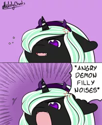 Size: 500x612 | Tagged: safe, artist:melody chords, derpibooru import, oc, oc:star pierce, demon, demon pony, original species, pony, unicorn, angry, angry dog noises, bow, cute, fangs, female, filly, floppy ears, headband, horn, image, meme, no pupils, open mouth, png, simple background, speech bubble, text, yelling