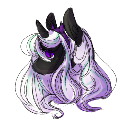 Size: 258x258 | Tagged: artist needed, safe, derpibooru import, oc, oc:star pierce, demon, demon pony, original species, pony, unicorn, bow, bust, ear fluff, fangs, female, filly, gradient mane, gradient tail, headband, horn, image, no mouth, png, portrait, slit eyes