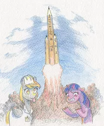 Size: 830x1000 | Tagged: safe, artist:adeptus-monitus, derpibooru import, derpy hooves, twilight sparkle, pegasus, pony, unicorn, derp, image, jpeg, pencil, rocket, tabun art-battle, tabun art-battle cover, traditional art