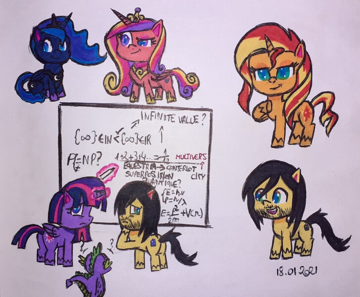 Size: 3295x2720 | Tagged: safe, artist:karadeg_(rarity_lover), derpibooru import, princess cadance, princess luna, sunset shimmer, oc, oc:karadeg, pegasus, pony, my little pony: pony life, spoiler:pony life s02e16, spoiler:pony life s02e17, g4 to g4.5, image, instagram, jpeg, ponysona, portal combat, what goes updo