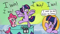 Size: 1280x720 | Tagged: safe, artist:ebbysharp, derpibooru import, pinkie pie, twilight sparkle, twilight sparkle (alicorn), alicorn, earth pony, pony, a trivial pursuit, adventures of sonic the hedgehog, bipedal, female, image, jpeg, parody, speech bubble, twilight snapple