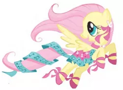 Size: 649x472 | Tagged: safe, derpibooru import, fluttershy, pegasus, pony, 2009, ballet slippers, clothes, dress, flying, heart, image, jpeg, looking up, music notes, ribbon, shoes, show bible, slippers, smiling, wings