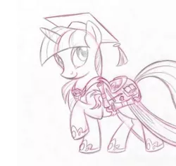 Size: 606x574 | Tagged: safe, artist:lauren faust, derpibooru import, twilight sparkle, twilight twinkle, pony, unicorn, 2009, clothes, concept art, diploma, female, graduation, graduation cap, hat, hoof shoes, image, jpeg, mare, saddle, scholar, scroll, show bible, sketch, smiling, solo, tack, unicorn twilight