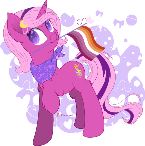 Size: 6987x7031 | Tagged: safe, artist:illumnious, derpibooru import, oc, oc:flares midnight, unofficial characters only, pony, unicorn, absurd resolution, bandana, female, headband, image, lesbian pride flag, looking up, mare, mouth hold, png, pride, pride flag, simple background, solo, transparent background, vector