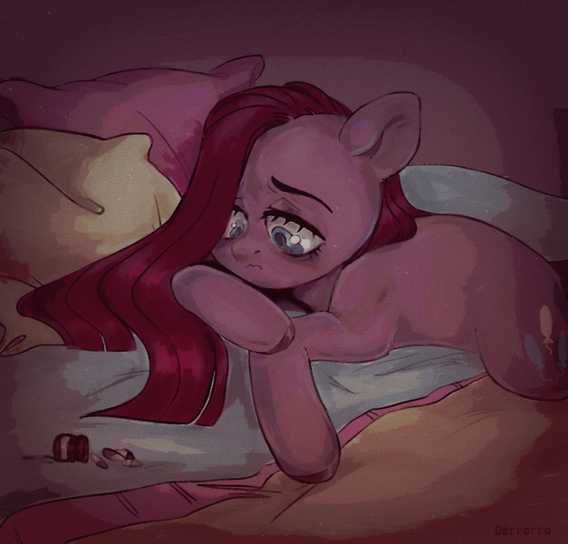 Size: 913x873 | Tagged: semi-grimdark, artist:derrorro, derpibooru import, pinkie pie, earth pony, bed, dark, image, pill bottle, pills, pinkamena diane pie, png, sad, solo