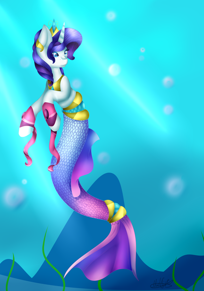 Size: 2049x2927 | Tagged: safe, artist:midfire, derpibooru import, rarity, mermaid, merpony, pony, unicorn, blue mane, bubble, crepuscular rays, crown, fish tail, flowing tail, horn, image, jewelry, mermarity, ocean, png, regalia, seaponified, solo, species swap, sunlight, tail, underwater, water