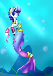 Size: 2049x2927 | Tagged: safe, artist:midfire, derpibooru import, rarity, mermaid, merpony, pony, unicorn, blue mane, bubble, crepuscular rays, crown, fish tail, flowing tail, horn, image, jewelry, mermarity, ocean, png, regalia, seaponified, solo, species swap, sunlight, tail, underwater, water