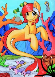 Size: 2072x2895 | Tagged: safe, artist:nana-yuka, derpibooru import, edit, oc, unofficial characters only, fish, merpony, sea pony, seapony (g4), apple, blushing, bubble, coral, dorsal fin, female, fish tail, flowing tail, food, image, logo, logo edit, looking at you, ocean, png, seaweed, smiling, solo, swimming, tail, underwater, water, yellow eyes