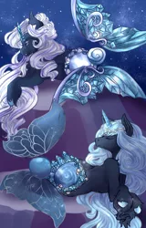 Size: 1600x2500 | Tagged: safe, artist:rosewend, derpibooru import, oc, unofficial characters only, merpony, blue eyes, blue mane, eyes closed, fish tail, flowing mane, flowing tail, glow, image, jewelry, necklace, night, png, regalia, rock, sky, solo, stars, tail, unshorn fetlocks