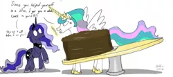 Size: 1280x566 | Tagged: safe, artist:addelum, derpibooru import, princess celestia, princess luna, alicorn, atg 2021, cake, cakelestia, cross-popping veins, female, food, giant cake, image, knife, newbie artist training grounds, png, royal sisters, sibling love, siblings, sisterly love, sisters, table, that princess sure does love cake, this will end in cake or death