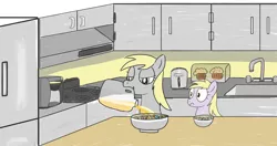 Size: 1280x678 | Tagged: safe, artist:addelum, derpibooru import, derpy hooves, dinky hooves, pegasus, atg 2021, cereal, derpy being derpy, food, i just don't know what went wrong, image, it was at this moment that she knew she fucked up, jpeg, juice, kitchen, newbie artist training grounds, oops my bad, orange juice, this will end in tears and/or breakfast, this will not end well, uh oh