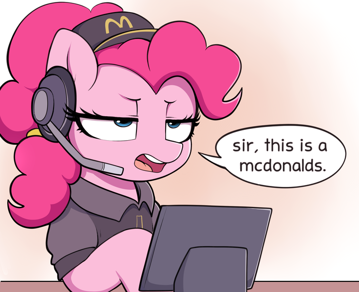 Size: 2700x2197 | Tagged: safe, artist:moozua, derpibooru import, pinkie pie, earth pony, pony, clothes, female, headset, image, lidded eyes, mare, mcdonald's, open mouth, pinkie pie is not amused, png, solo, speech bubble, text, unamused