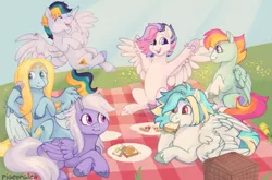 Size: 1045x689 | Tagged: safe, artist:pigeorgien, derpibooru import, oc, oc:airy sweetness, oc:cloud beam, oc:dazzleflash, oc:minty drop, oc:puzzle breaker, oc:sunny funny, unofficial characters only, pegasus, pony, commission, eating, female, flower field, flying, food, friends, group, image, laughing, lying down, mare, open mouth, picnic, pizza, plates, png, prone, sandwich, sitting, smiling, spread wings, wings