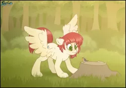 Size: 5000x3500 | Tagged: safe, artist:fluffyxai, derpibooru import, oc, oc:lexis arc, unofficial characters only, bird, bird pone, pegasus, pony, cute, forest, image, male, png, robin, spread wings, stallion, tree, tree stump, wings