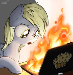 Size: 4000x4100 | Tagged: safe, artist:uteuk, derpibooru import, derpy hooves, pegasus, pony, :o, burning, computer, food, image, laptop computer, muffin, open mouth, png