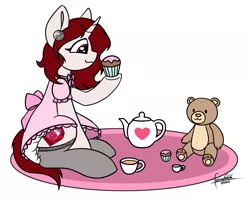 Size: 3500x2800 | Tagged: safe, artist:foxxo666, derpibooru import, oc, unicorn, clothes, cupcake, cute, diaper, dress, food, horn, image, jpeg, makeup, muffin, ribbon, smiling, socks, stockings, tea, tea party, teddy bear, thigh highs, unicorn oc