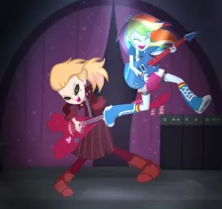 Size: 2017x1895 | Tagged: safe, artist:doraeartdreams-aspy, derpibooru import, rainbow dash, equestria girls, amphibia, crossover, electric guitar, guitar, image, musical instrument, png, sasha waybright