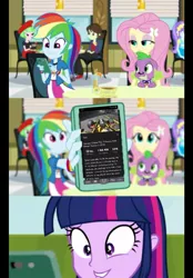 Size: 719x1032 | Tagged: safe, derpibooru import, fluttershy, rainbow dash, spike, twilight sparkle, equestria girls, rainbow rocks, f1 car, formula 1, image, jpeg, meme, phone, renault, smiling, youtube