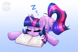 Size: 3000x2000 | Tagged: safe, artist:confetticakez, derpibooru import, twilight sparkle, pony, unicorn, blushing, book, cute, ear fluff, eyes closed, female, high res, image, lying down, mare, newbie artist training grounds, open mouth, png, prone, sleeping, solo, thick eyelashes, twiabetes, unicorn twilight