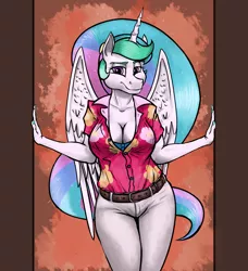 Size: 1825x2000 | Tagged: suggestive, artist:borsch-zebrovich, derpibooru import, princess celestia, alicorn, anthro, breasts, busty princess celestia, clothes, hawaiian shirt, image, pants, png, shirt