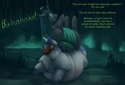 Size: 2374x1621 | Tagged: semi-grimdark, suggestive, artist:lupin quill, derpibooru import, queen chrysalis, shining armor, changeling, pony, unicorn, fanfic:feedbag, series:the feedbag paradigm, alternate timeline, bad end, belly, bhm, bingo wings, cave, chrysdom, dialogue, domination, exercise, eyes closed, fanfic art, fat, fat fetish, feed bag, fetish, flabby chest, force feeding, image, lineless, lying down, magic suppression, morbidly obese, neck fat, obese, on back, open mouth, png, queen chrysalard, rolls of fat, shining blubber, shiningsub, teasing, unshorn fetlocks, waddle, weight gain, weight gain sequence