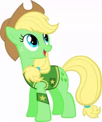 Size: 736x877 | Tagged: safe, derpibooru import, oc, oc:sour apple, earth pony, pony, winter wrap up, cowboy hat, female, hat, image, jpeg, looking up, mare, plant team, recolor, simple background, smiling, solo, solo female, stars, white background, winter wrap up vest