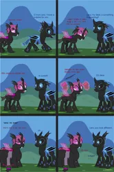 Size: 1419x2136 | Tagged: safe, artist:wheatley r.h., derpibooru import, oc, oc:lara, oc:w. rhinestone eyes, unofficial characters only, changeling, pony, comic:still hungry, bat wings, blue changeling, changeling oc, chunkling, comic, derpibooru exclusive, fangs, fat, female, glowing horn, honeypot changeling, horn, image, jpeg, magic, male, mare, pink changeling, sad, stallion, telekinesis, vector, watermark, wings