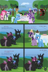 Size: 1419x2136 | Tagged: safe, artist:wheatley r.h., derpibooru import, pinkie pie, rarity, starlight glimmer, trixie, twilight sparkle, twilight sparkle (alicorn), oc, oc:lara, oc:myoozik the dragon, oc:twi clown, oc:w. rhinestone eyes, alicorn, changeling, pony, unicorn, comic:still hungry, angry, bat wings, blue blush, blue changeling, blushing, cake, changeling oc, chocolate fountain, chunkling, clothes, comic, crown, cutie mark, cutie mark on clothes, derpibooru exclusive, fat, female, food, glasses, hat, honeypot changeling, image, jewelry, jpeg, male, mare, net, pink changeling, regalia, shirt, stallion, swearing, table, top hat, vector, vulgar, watermark, wings