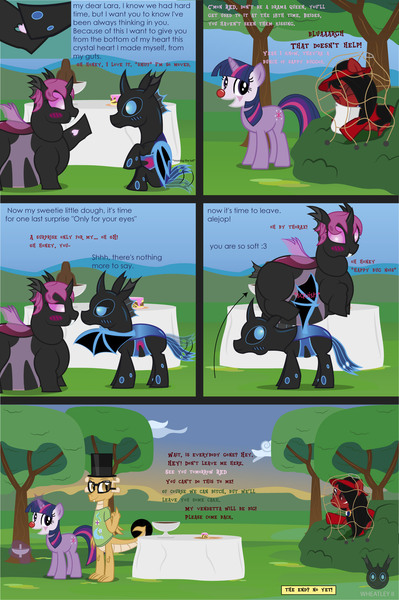 Size: 1419x2136 | Tagged: safe, artist:wheatley r.h., derpibooru import, oc, oc:lara, oc:myoozik the dragon, oc:twi clown, oc:w. rhinestone eyes, changeling, pony, unicorn, comic:still hungry, bat wings, blue blush, blue changeling, blushing, cake, changeling oc, chocolate fountain, chunkling, clothes, comic, cutie mark, cutie mark on clothes, derpibooru exclusive, fat, female, food, glasses, glowing horn, hat, honeypot changeling, horn, image, jpeg, magic, male, mare, net, pink changeling, shirt, stallion, sunset, table, telekinesis, top hat, vector, watermark, wings