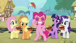 Size: 1200x675 | Tagged: safe, artist:heyitshayburgers, derpibooru import, edit, edited screencap, screencap, applejack, fluttershy, pinkie pie, rainbow dash, rarity, twilight sparkle, twilight sparkle (alicorn), alicorn, earth pony, pegasus, pony, unicorn, party pooped, bipedal, glasses, image, jpeg, mane six, spam oreo burger