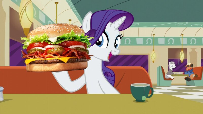 Size: 1280x720 | Tagged: safe, artist:heyitshayburgers, derpibooru import, edit, edited screencap, screencap, rarity, pony, unicorn, the saddle row review, burger, cheeseburger, food, hamburger, image, jpeg