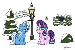 Size: 2411x1612 | Tagged: safe, artist:bobthedalek, derpibooru import, starlight glimmer, trixie, pony, unicorn, image, lamppost, narnia, newbie artist training grounds, png, scrunchy face, snow, the chronicles of narnia, tree, wardrobe