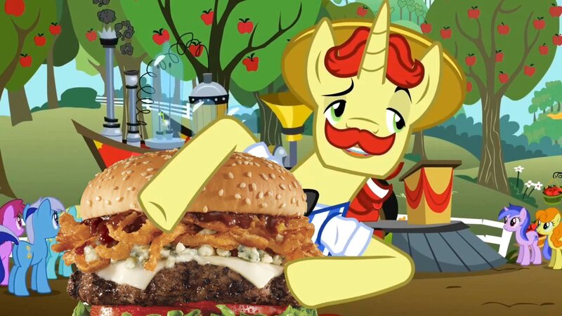 Size: 1600x900 | Tagged: safe, artist:heyitshayburgers, derpibooru import, edit, edited screencap, screencap, flam, unicorn, burger, cheeseburger, food, hamburger, image, jpeg, super speedy cider squeezy 6000