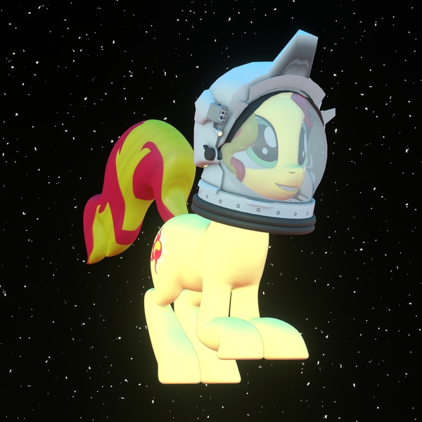 Size: 4000x4000 | Tagged: safe, artist:wissle, derpibooru import, sunset shimmer, pony, unicorn, 3d, absurd resolution, astronaut, atg 2021, blender, female, floating, happy, image, jpeg, mare, newbie artist training grounds, simple background, smiling, solo, space, space helmet, stars