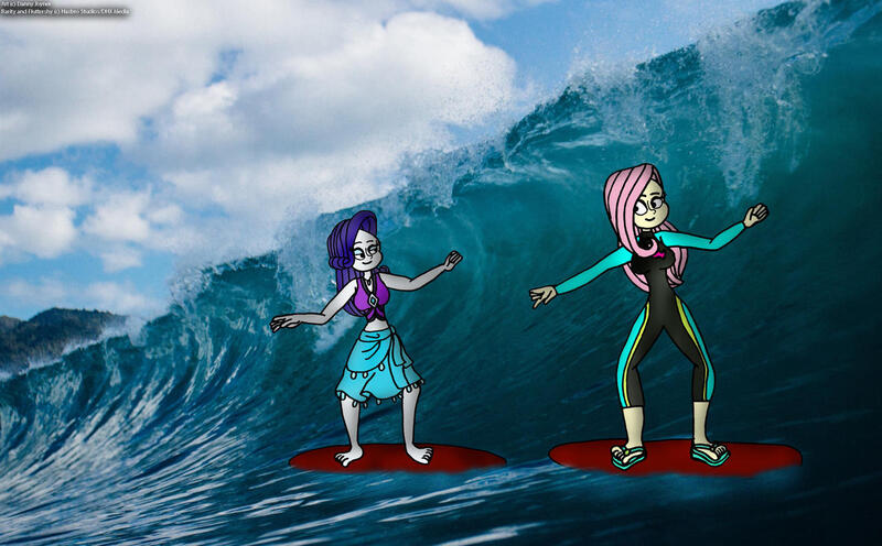 Size: 1280x793 | Tagged: safe, artist:rdj1995, derpibooru import, fluttershy, rarity, equestria girls, female, flarity, image, jpeg, lesbian, shipping, surfing