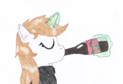 Size: 2483x1695 | Tagged: safe, artist:toshimatsu, derpibooru import, oc, oc:littlepip, unofficial characters only, pony, unicorn, fallout equestria, fanfic, bottle, drinking, eyes closed, fanfic art, female, glowing horn, horn, image, magic, mare, png, simple background, sparkle cola, telekinesis, traditional art