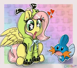 Size: 732x646 | Tagged: safe, artist:llametsul, derpibooru import, fluttershy, mudkip, pegasus, pony, antonymph, atg 2021, clothes, crossover, excited, fanart, female, floating heart, fluttgirshy, hairclip, heart, hoodie, image, newbie artist training grounds, nyan cat, open mouth, piercing, png, pokémon, signature, smiling, starry eyes, wingding eyes, wings, zipper