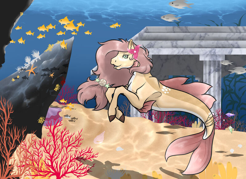 Size: 1024x745 | Tagged: safe, artist:pipsqueak09, derpibooru import, oc, unofficial characters only, fish, hippocampus, merpony, seapony (g4), starfish, coral, dorsal fin, fins, flower, flower in hair, flowing mane, flowing tail, image, jpeg, ocean, open mouth, seaweed, smiling, solo, tail, underwater, water