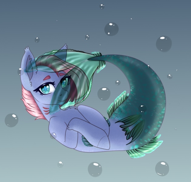 Size: 2264x2160 | Tagged: safe, artist:cherryrio, derpibooru import, oc, unofficial characters only, hybrid, mermaid, merpony, sea pony, blue eyes, bubble, clothes, dorsal fin, fins, fish tail, image, jpeg, looking at you, mermaidized, ocean, pink mane, see-through, simple background, solo, species swap, tail, underwater, water