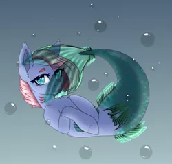 Size: 2264x2160 | Tagged: safe, artist:cherryrio, derpibooru import, oc, unofficial characters only, hybrid, mermaid, merpony, sea pony, blue eyes, bubble, clothes, dorsal fin, fins, fish tail, image, jpeg, looking at you, mermaidized, ocean, pink mane, see-through, simple background, solo, species swap, tail, underwater, water