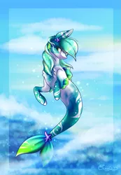 Size: 2037x2943 | Tagged: safe, artist:creativecocoacookie, derpibooru import, oc, unofficial characters only, merpony, seapony (g4), starfish, bubble, chest fluff, cloud, fins, fish tail, flowing tail, green mane, high res, image, looking at you, ocean, png, seapony oc, signature, sky, smiling, smiling at you, solo, sunlight, tail, water, yellow eyes