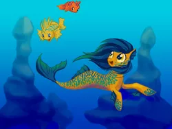 Size: 1153x869 | Tagged: safe, artist:bedupolker, derpibooru import, oc, unofficial characters only, fish, merpony, seapony (g4), blue mane, crepuscular rays, dorsal fin, fins, fish tail, flowing mane, flowing tail, image, looking up, ocean, open mouth, png, smiling, solo, sunlight, swimming, tail, underwater, water, yellow eyes