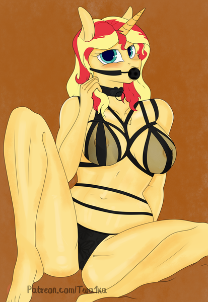 Size: 2480x3602 | Tagged: suggestive, alternate version, artist:twilyshimmer, derpibooru import, sunset shimmer, anthro, unicorn, alternate hairstyle, ballgag, belly button, bondage, breasts, busty sunset shimmer, chest fluff, clothes, collar, collar ring, female, femsub, gag, high res, horn, image, png, sexy, solo, solo female, stupid sexy sunset shimmer, submissive, subset, underwear