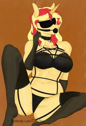 Size: 2480x3602 | Tagged: suggestive, alternate version, artist:twilyshimmer, derpibooru import, sunset shimmer, anthro, plantigrade anthro, unicorn, alternate hairstyle, ballgag, belly button, black underwear, blindfold, breasts, busty sunset shimmer, chest fluff, clothes, collar, collar ring, female, femsub, gag, gloves, high res, horn, horny, image, png, sexy, socks, solo, solo female, stockings, stupid sexy sunset shimmer, submissive, subset, thigh highs, underwear